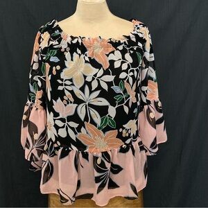 LOFT Scoop Neck/Off-Shoulder Blouse w/Black + Pink Florals and Ruffle‎ Hem/Cuffs